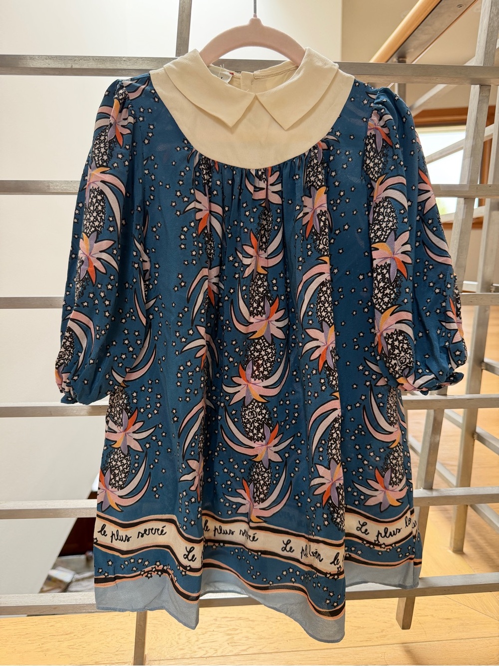 Gucci Blue and Cream Floral-Print Girls' Formal Dress
